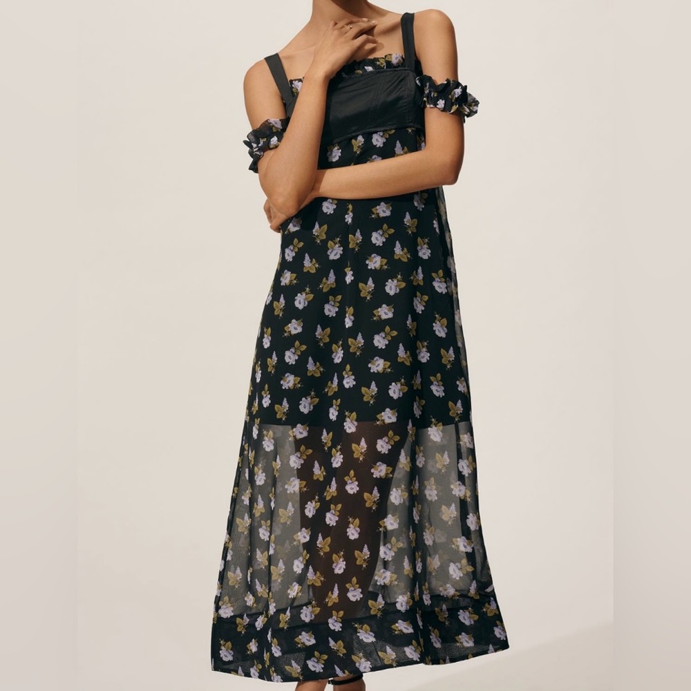 Maeve Square Neck Sheer Floral Black Midi Dress Size Small